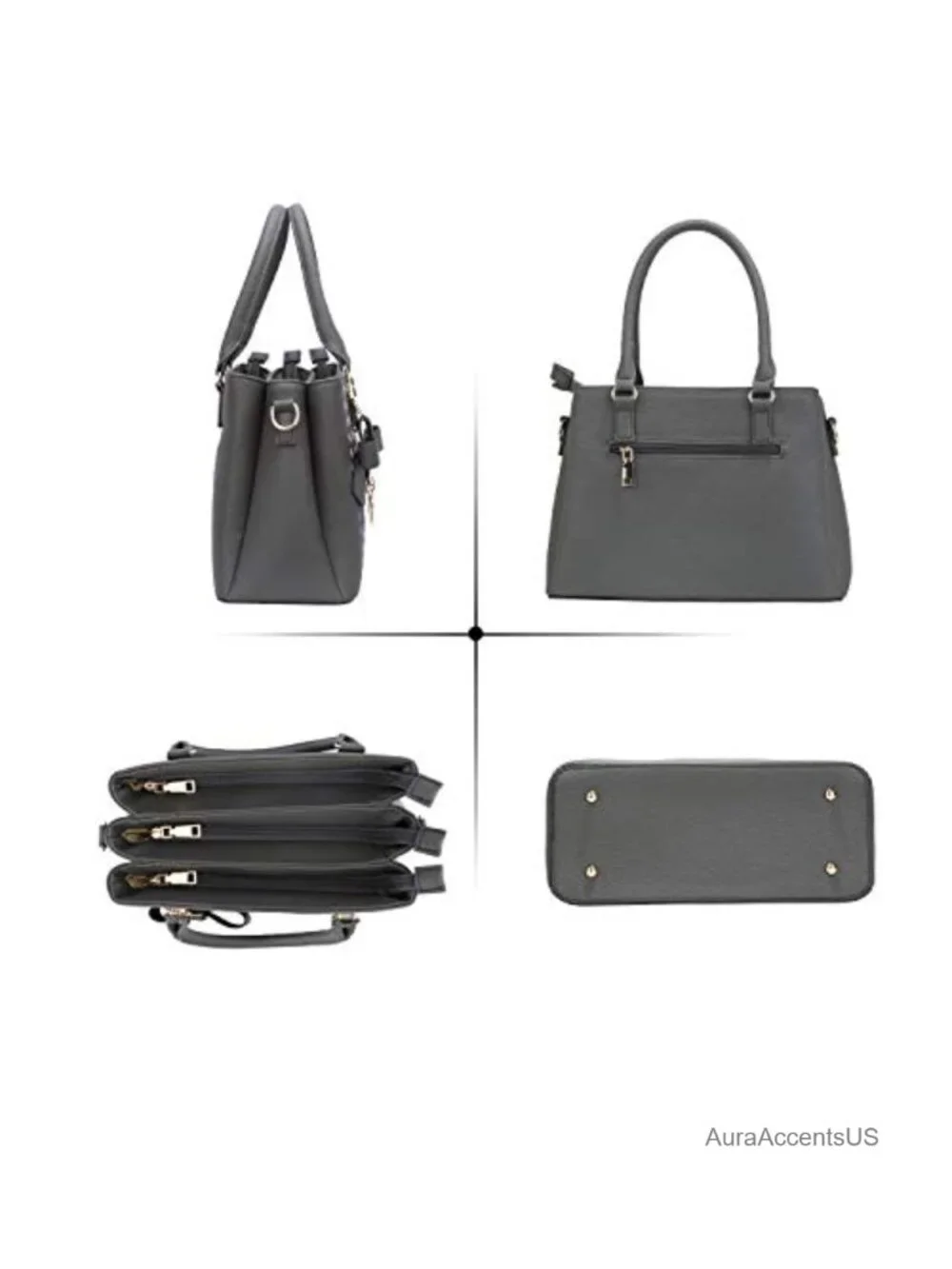 PU Leather Satchel Handbag Crossbody Shoulder Bag 3 Compartments Zipper